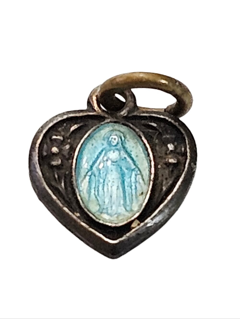 Vtg Sterling Silver Blue Enamel Miraculous Medal Heart Pendant Virgin Mary Charm